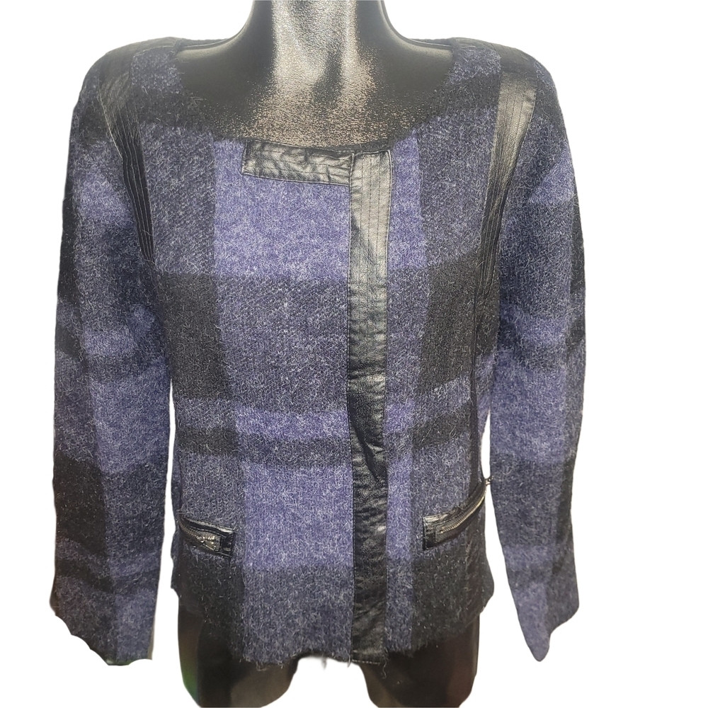 Goa Blue And Black Plaid Knit Sweater Jacket With Faux Leather Trim Size L